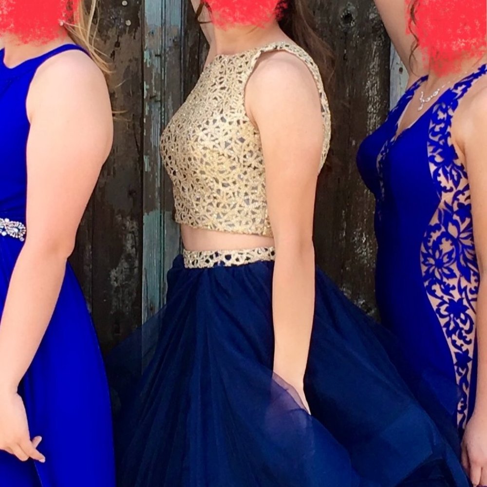 Ellie Wilde Gold and Navy Crop Top Prom Dress